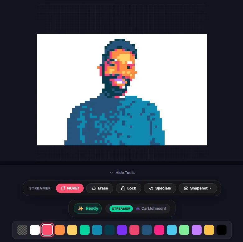 The ChatMural viewer board: a pixel-art portrait built up on a 64×64 grid, with the streamer tool bar (Nuke, Erase, Lock, Specials, Snapshot) and the sixteen-colour palette below it.